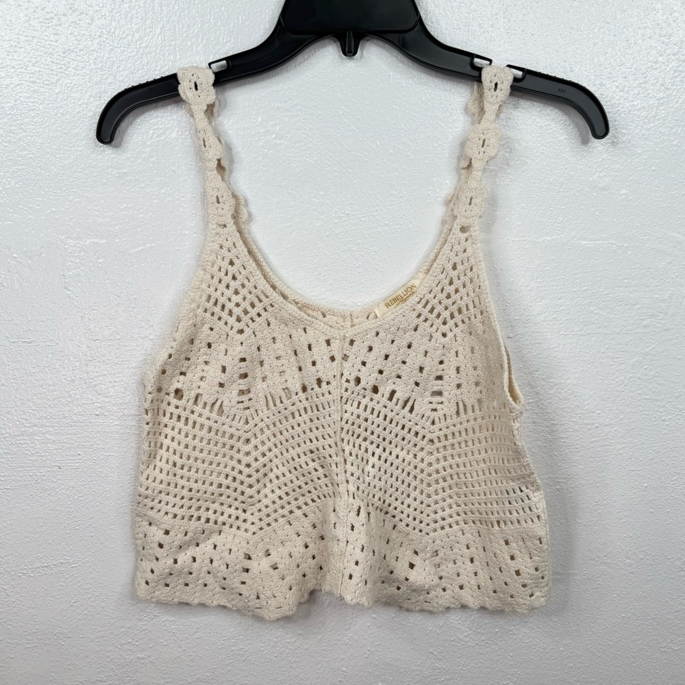 Rebellion Again Tank Top Womens XS Ivory Crochet Knit Crop Boho Festival